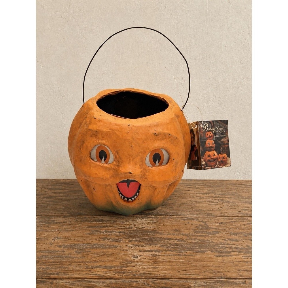 Bethany Lowe Vintage Styl PaperMache Halloween Jack-O-Lantern Pumpkin Bucket